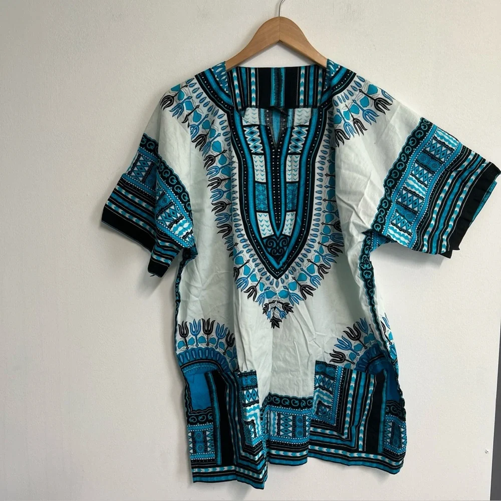 RaanPahMaung Unisex Large Dashki Blue White Pockets Cotton Tribal Short Sleeve‎